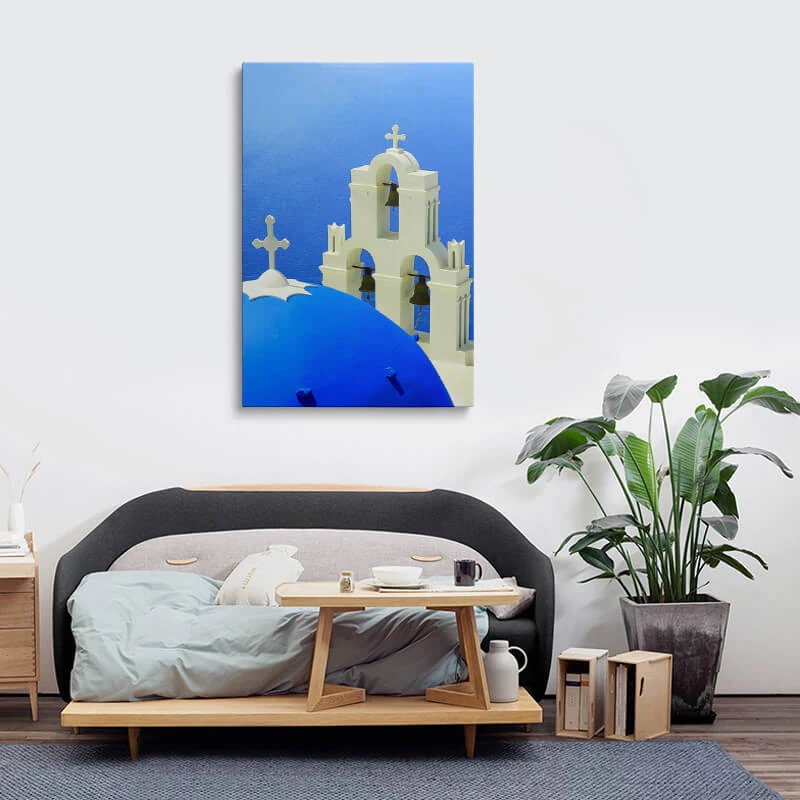 Agios Theodori Church canvas hung above a sofa in a lounge