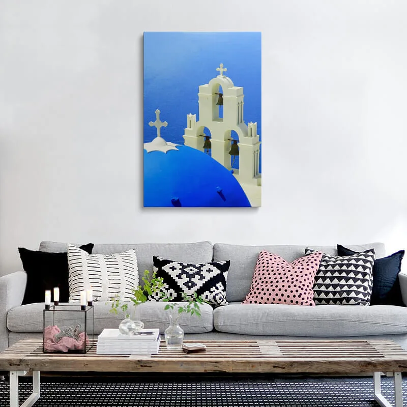 Agios Theodori Church canvas hung above a sofa in a living room