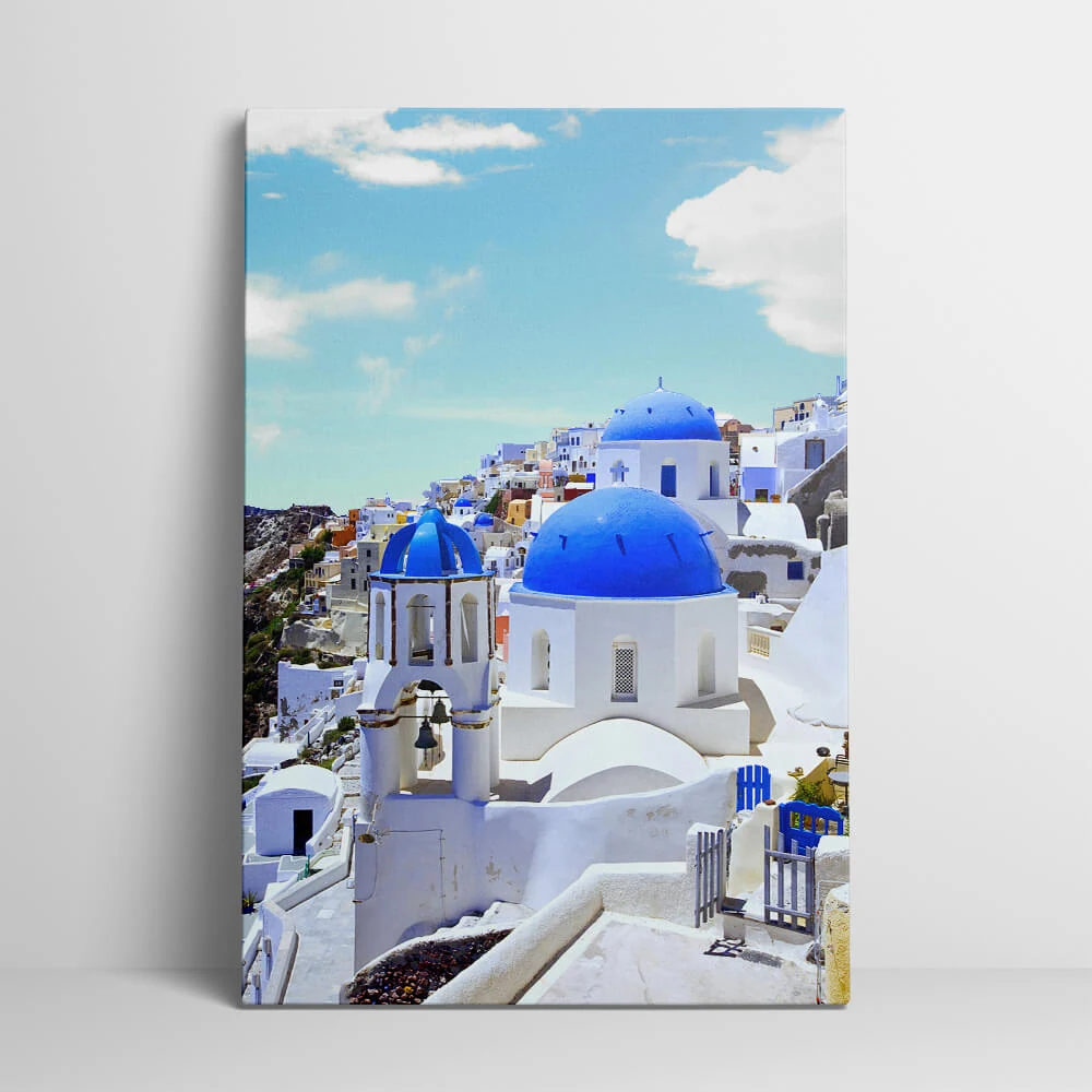 Blue Dome Church Santorini canvas showing the gallery-wrapped edge on its 3 cm frame