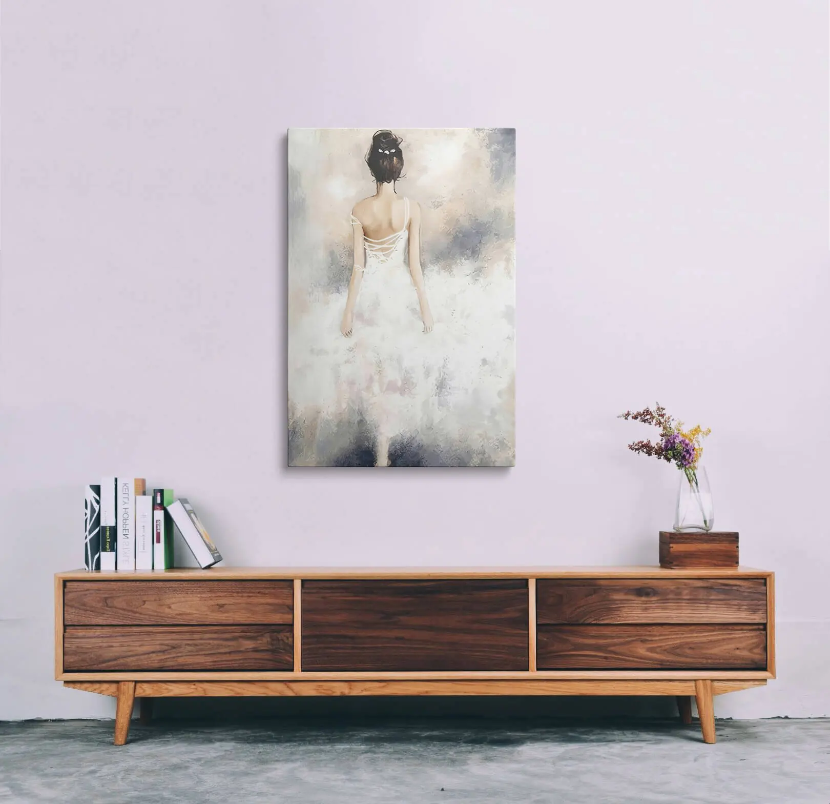 Girl Abstract canvas hung above a sideboard in a living room