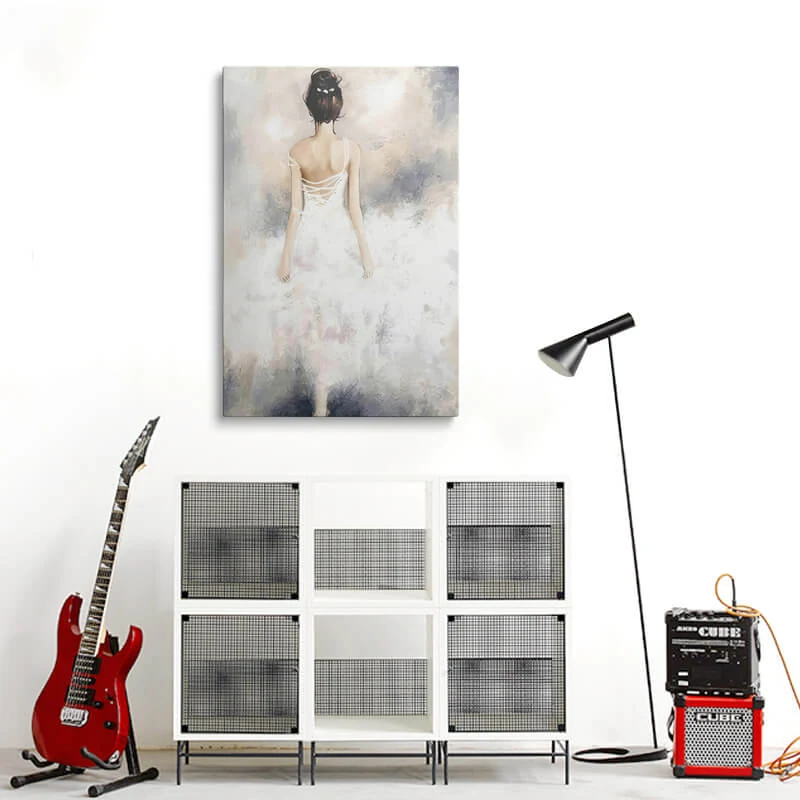 Abstract canvas wall art hung above seating in a workspace