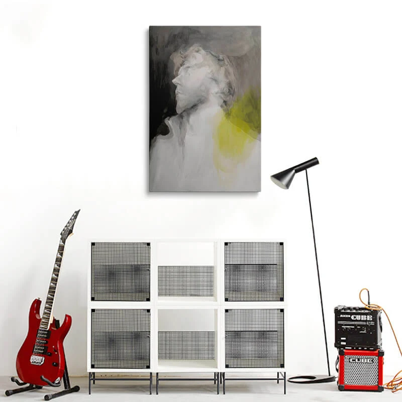 Man Abstract canvas hung in a bedroom above a bedside table