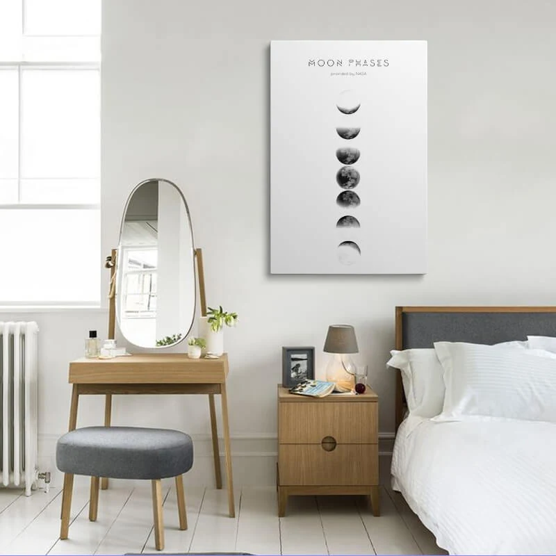 Canvas wall art hung in a bedroom above a bedside table