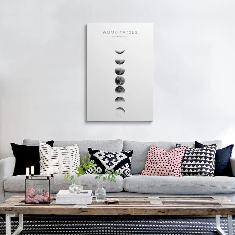 Moon Phase Photo canvas hung above a sofa in a living room