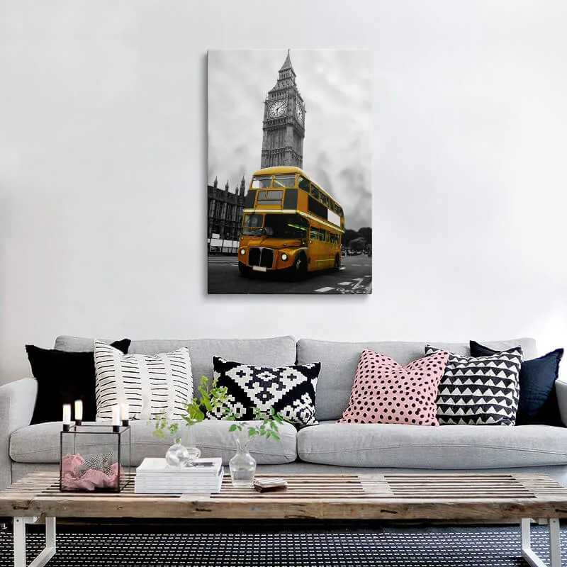 Orange London Bus canvas hung above a sideboard in a living room