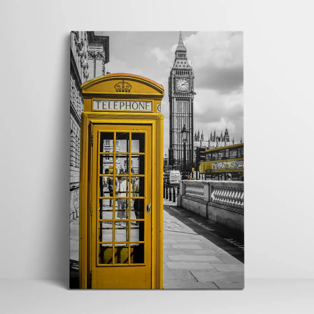 Orange London Telephone Box canvas showing the gallery-wrapped edge on its 3 cm frame