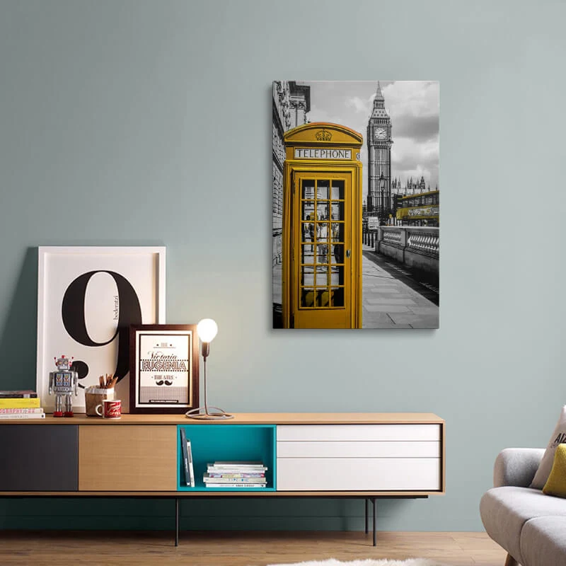 Orange London Telephone Box canvas hung above a sideboard in a living room