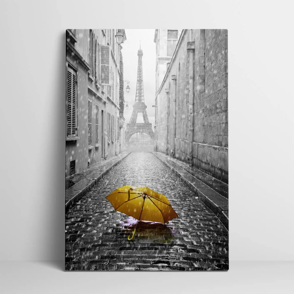 Orange Umbrella Eiffel Tower canvas showing the gallery-wrapped edge on its 3 cm frame