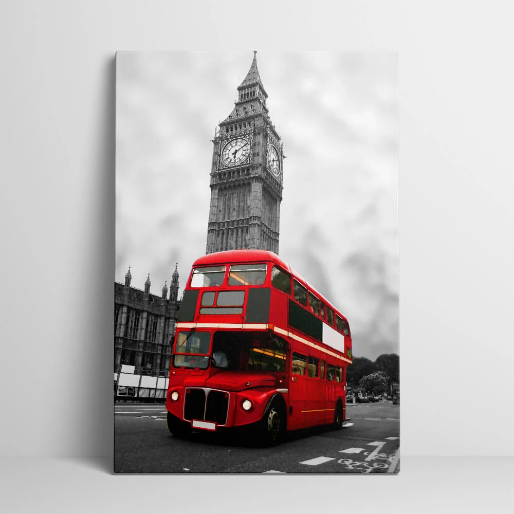 Red London Bus canvas showing the gallery-wrapped edge on its 3 cm frame