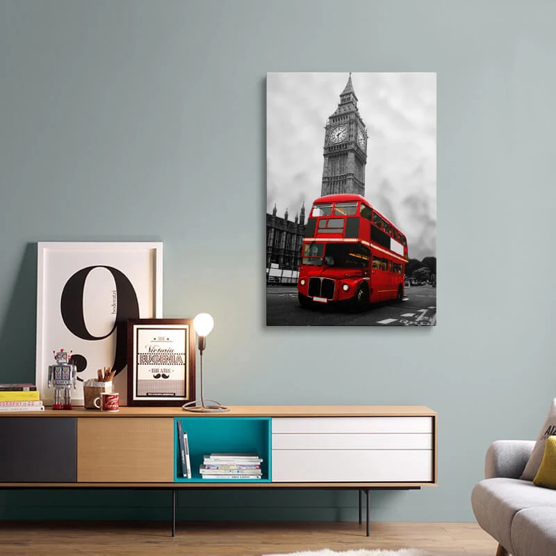 Red London Bus canvas hung above a sideboard in a living room