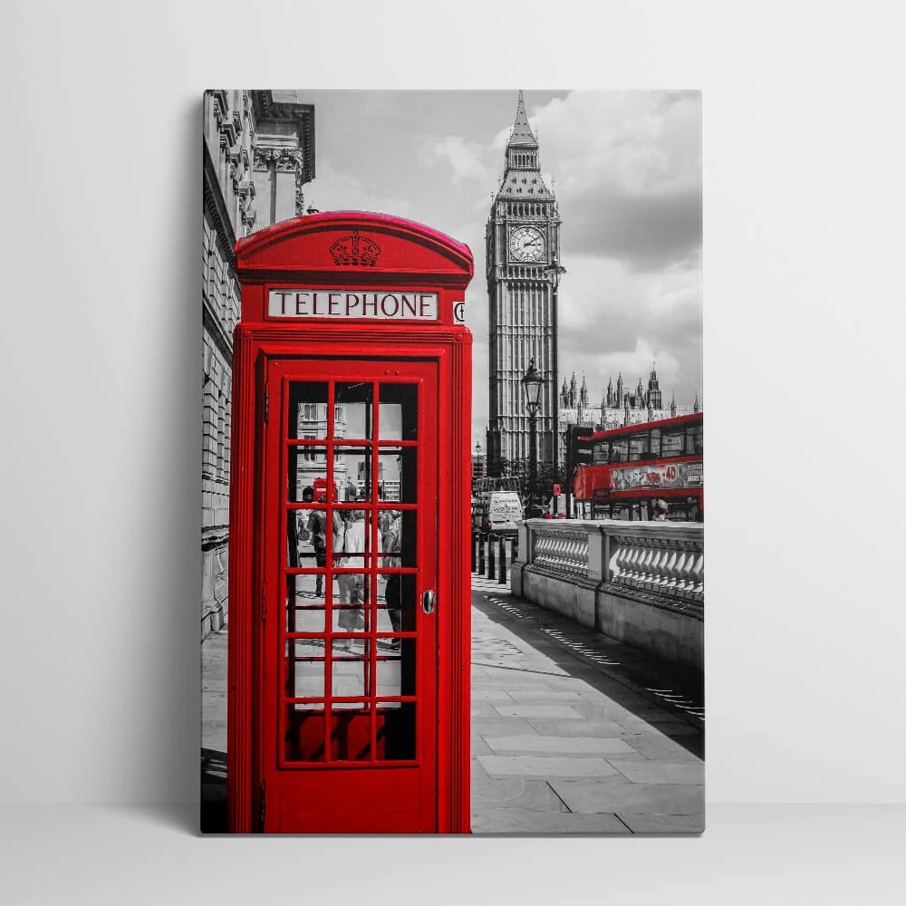 Red London Telephone Box canvas showing the gallery-wrapped edge on its 3 cm frame