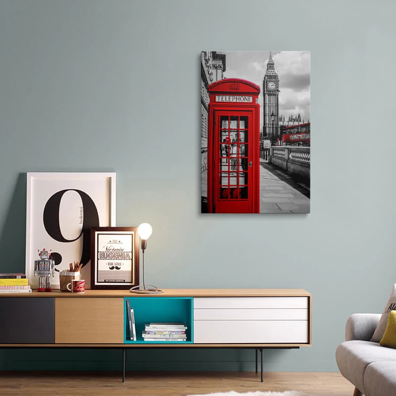 Red London Telephone Box canvas hung above a sideboard in a living room