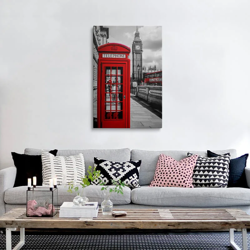 Red London Telephone Box canvas hung above a sofa in a living room