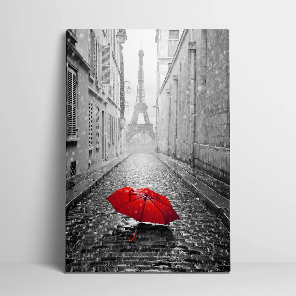 Red Umbrella Eiffel Tower canvas showing the gallery-wrapped edge on its 3 cm frame