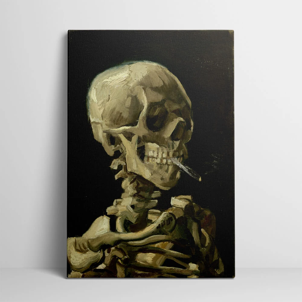 Skull Of A Skeleton With Burning Cigarette canvas showing the gallery-wrapped edge on its 3 cm frame