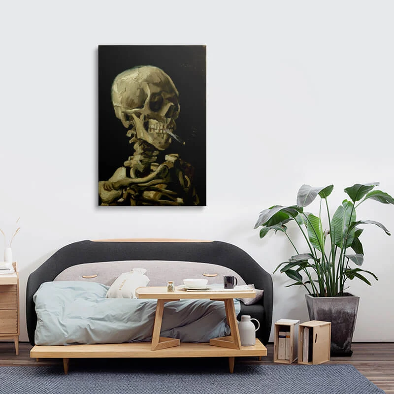 Skull Of A Skeleton With Burning Cigarette canvas hung above a sofa in a lounge