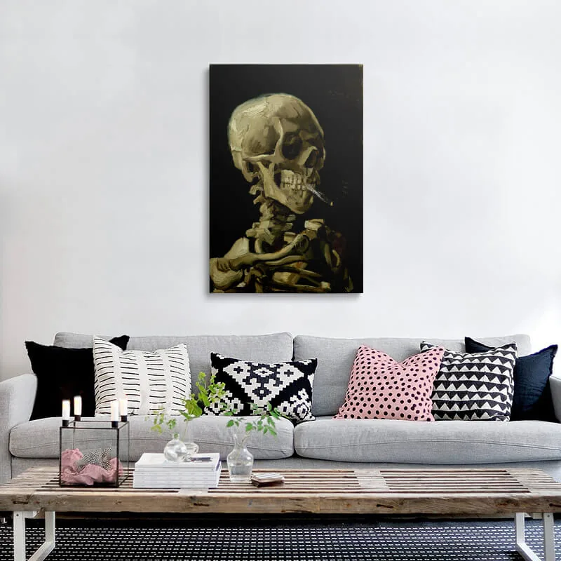 Skull Of A Skeleton With Burning Cigarette canvas hung above a sofa in a living room