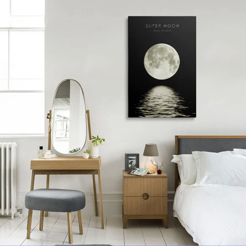 Super Moon Above The Water canvas hung in a bedroom above a bedside table