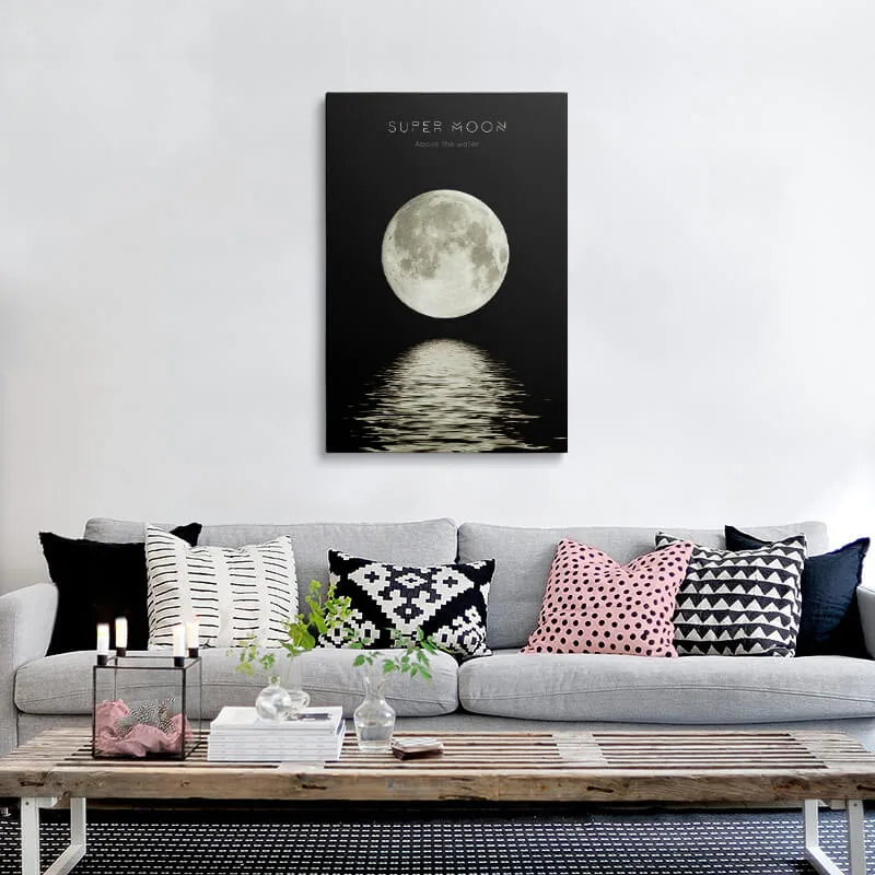 Super Moon Above The Water canvas hung above a sofa in a living room