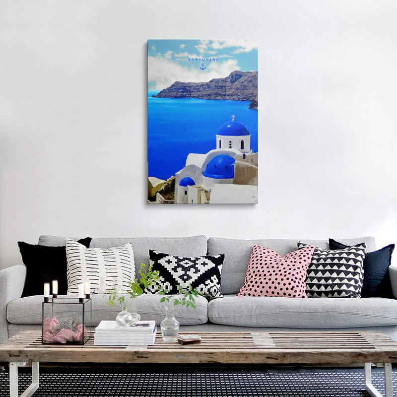 Three Bells Of Fira canvas hung above a sideboard in a living room