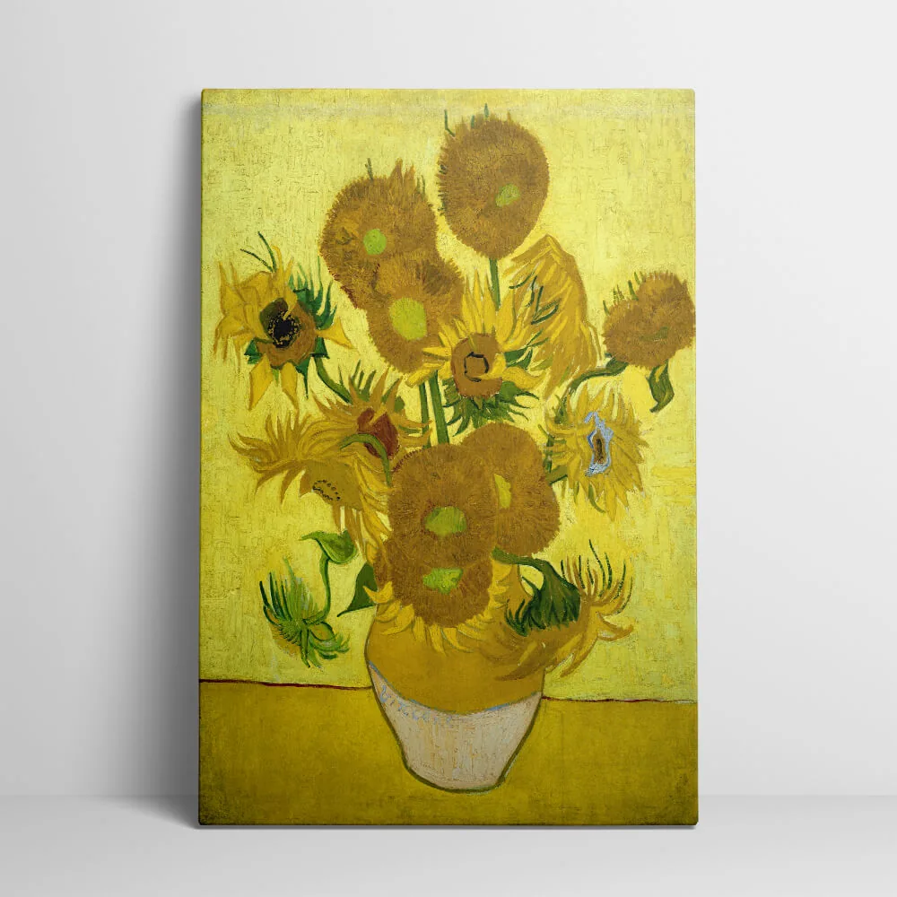 Vincent Van Gogh Sunflowers canvas showing the gallery-wrapped edge on its 3 cm frame