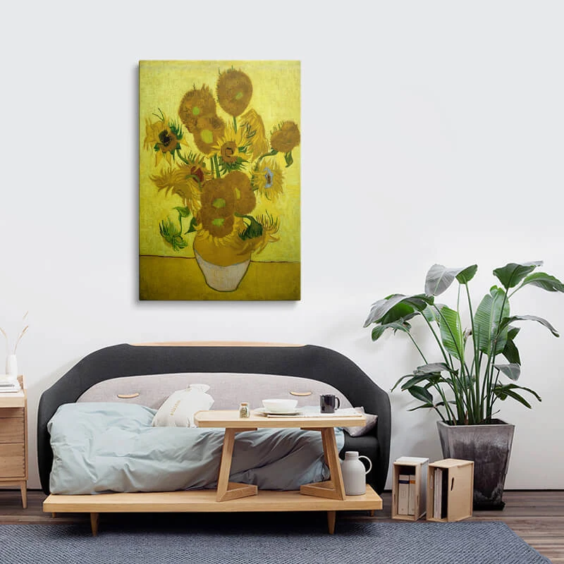 Vincent Van Gogh Sunflowers canvas hung above a sofa in a lounge