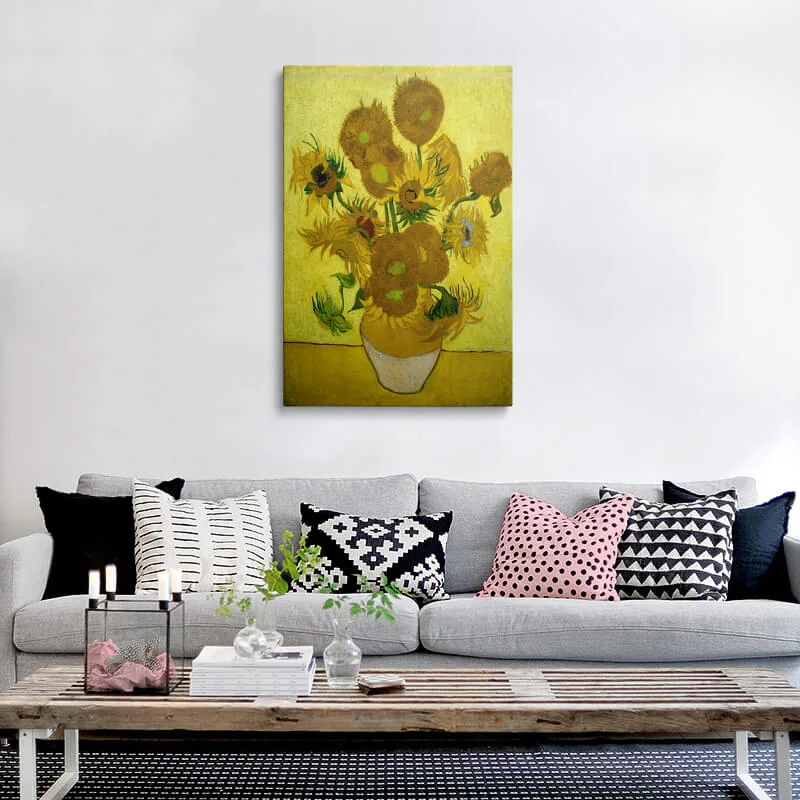 Vincent Van Gogh Sunflowers canvas hung above a sofa in a living room