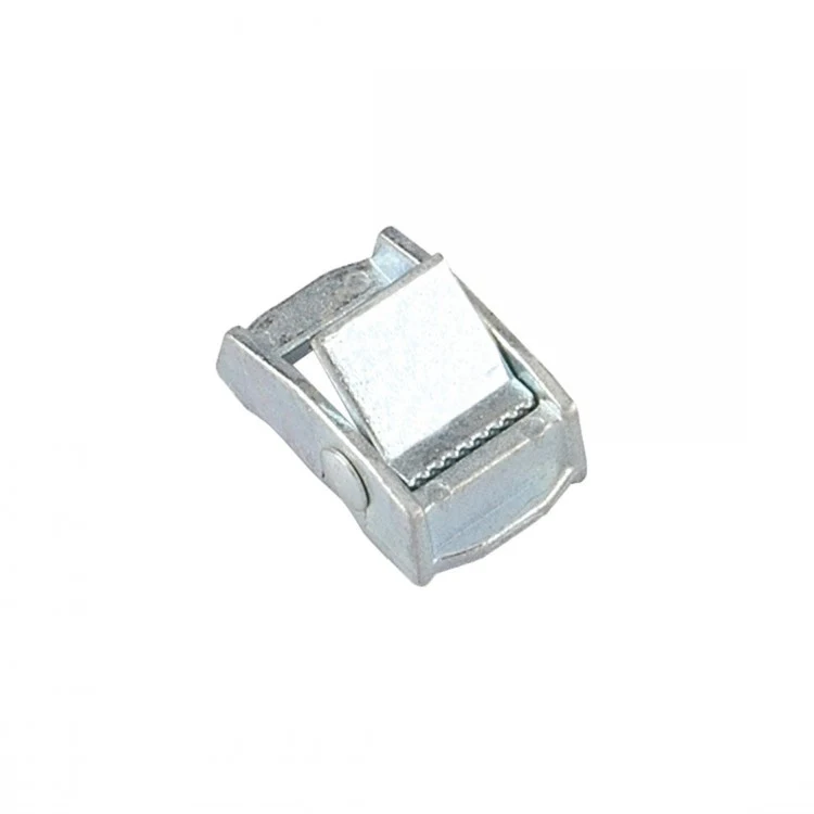 Zinc-plated steel cam buckle with serrated locking lever shown at an angle on a white background