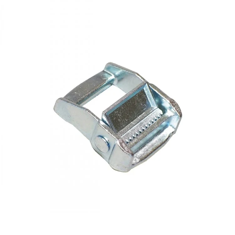 Zinc-plated steel cam buckle with serrated locking lever, isolated on a