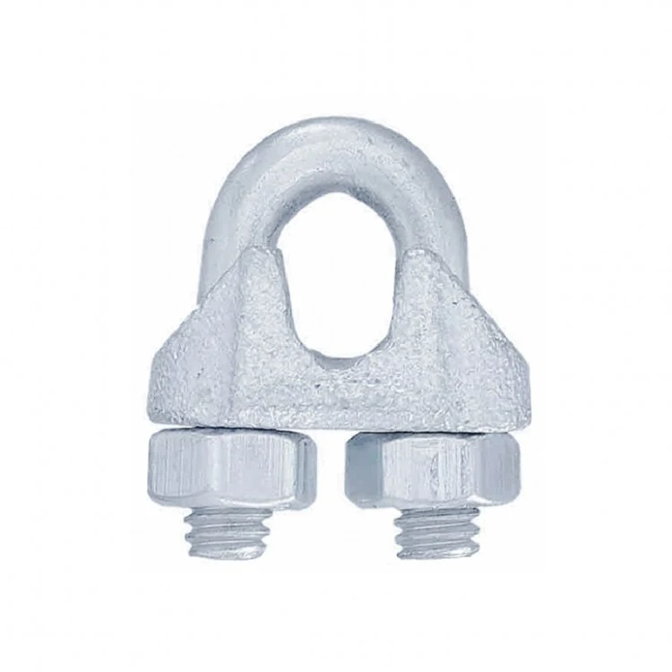 Galvanized wire rope clip with U-bolt, drop-forged saddle and two hex nuts on white background