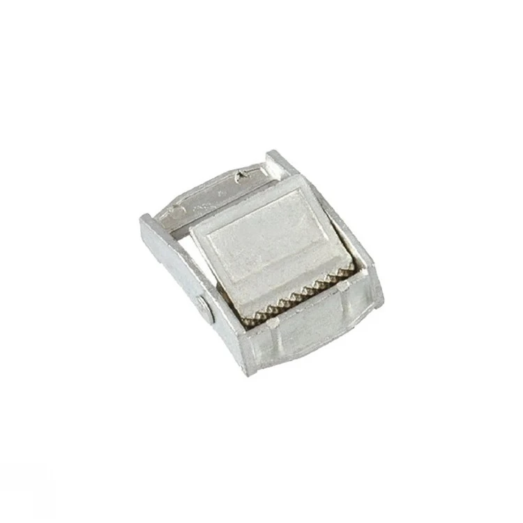 Silver metal cam buckle with serrated locking lever on a plain white background