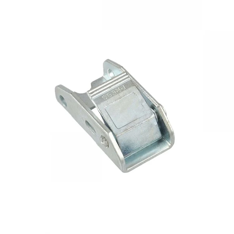Silver zinc-plated cam buckle with two mounting holes and a central clamping mechanism