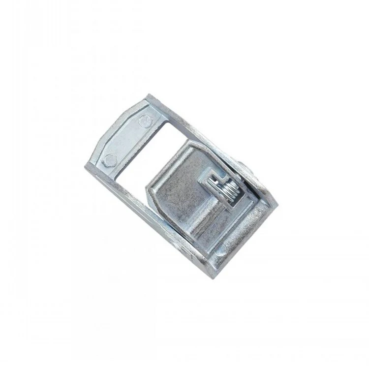 Galvanized steel cam buckle for strapping, angled view on white background