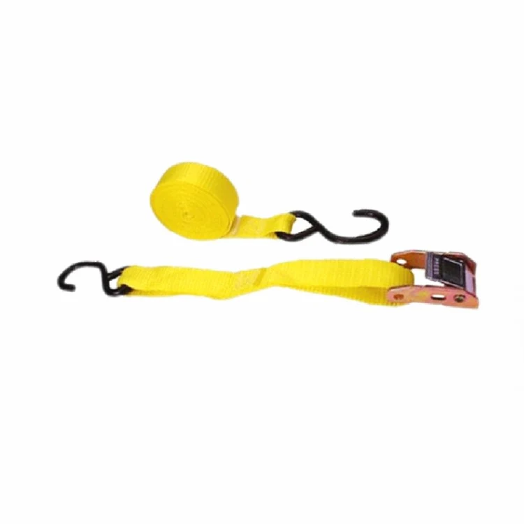 Yellow ratchet tie down strap with metal hooks and a ratchet mechanism
