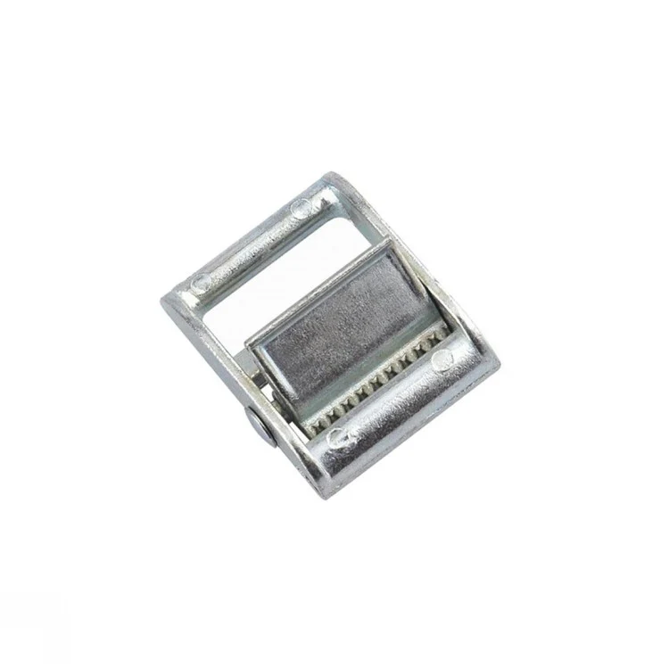 Zinc-plated steel cam buckle for lashing straps, shown diagonally on a plain white background