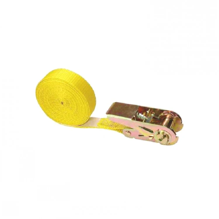 Yellow ratchet tie-down strap with coiled webbing and metal ratchet buckle on a white background