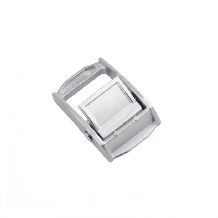 Silver metal cam buckle hardware for lashing straps, photographed on a white background