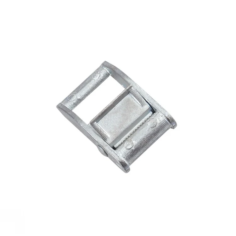 Zinc-plated steel cam buckle hardware for tie-down straps, shown on a clean white background