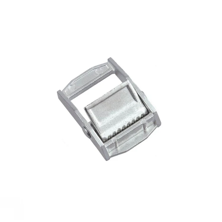 Silver metal cam buckle for webbing straps, shown at an angle on a plain white background