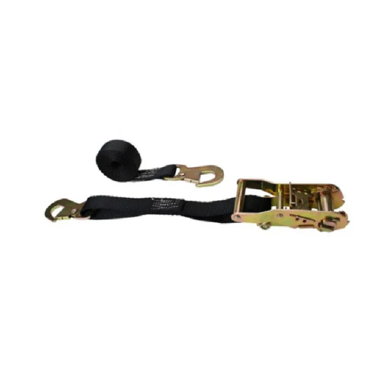 Gold zinc-plated ratchet strap with black webbing and flat snap hooks on white background