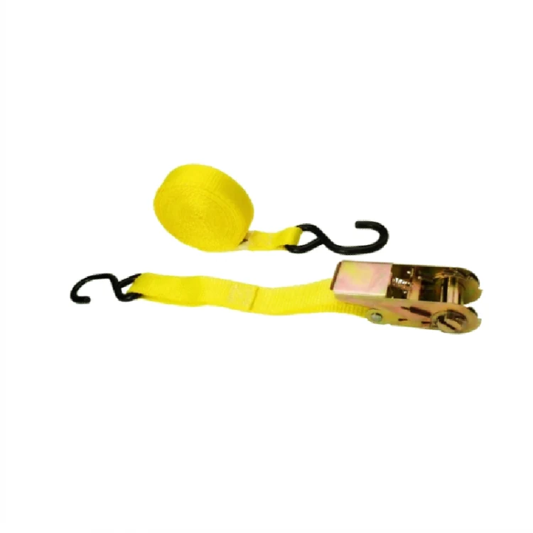 Yellow ratchet tie-down strap with black S-hooks and metal ratchet buckle on white background