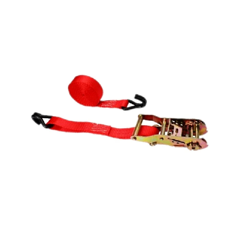 Red ratchet tie-down strap with metal ratchet buckle and black S-hooks on white background