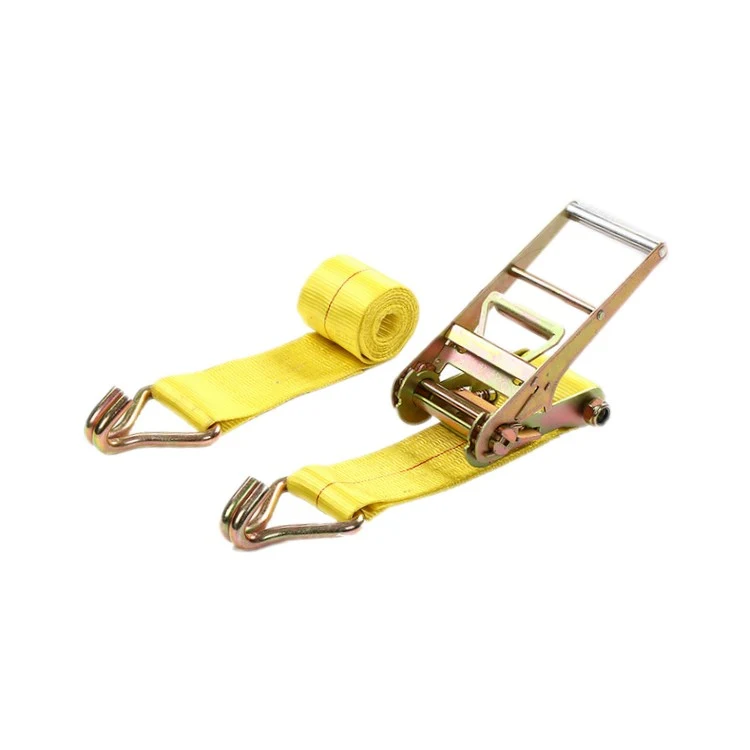 Yellow webbing ratchet tie down strap with metal end fittings on a white background