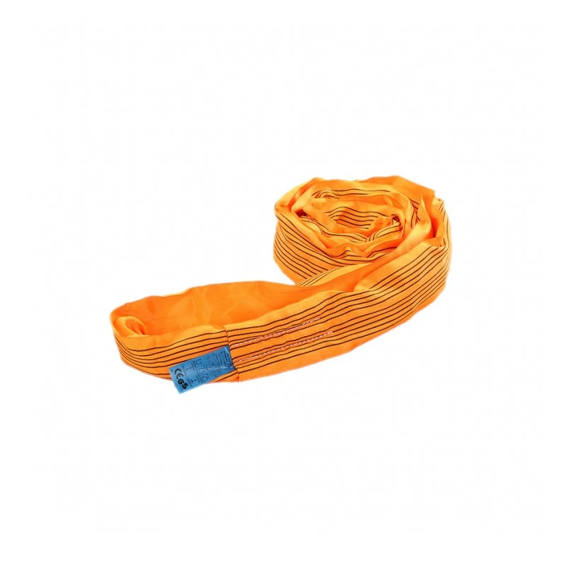 Orange round lifting sling coiled up on a white background with a blue identification label