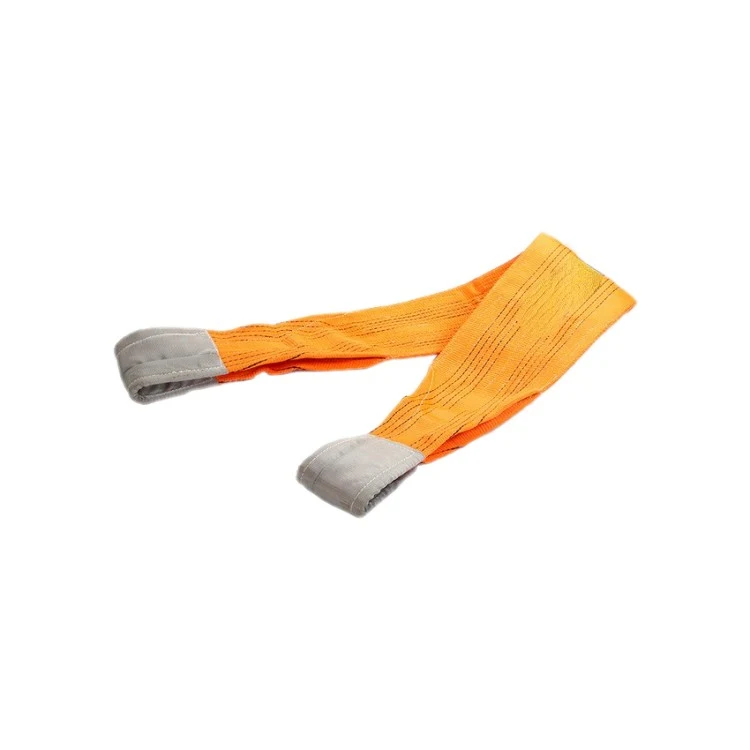 Orange flat webbing sling with grey reinforced eyelets on a white background