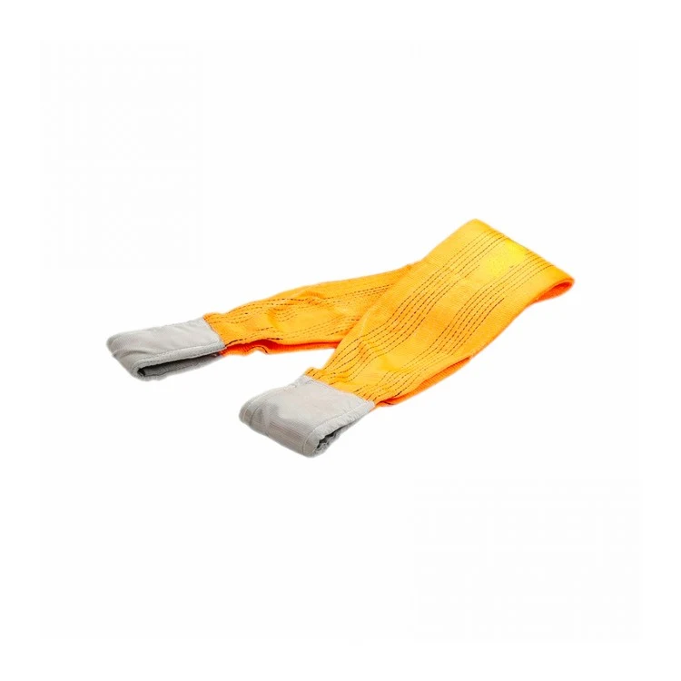 Orange polyester webbing lifting sling with reinforced gray loop eyes on a white background