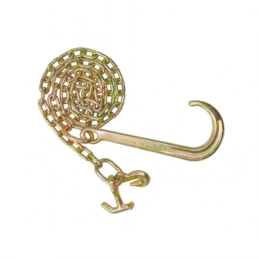 Coiled gold-toned steel load chain with large J-hook and grab hook on a white background