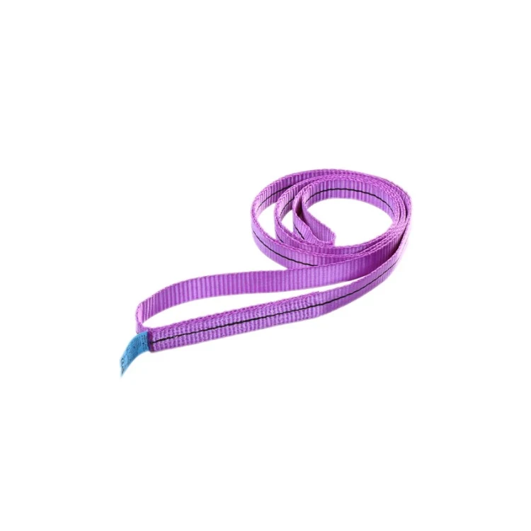 Coiled purple woven webbing sling with black center line and blue tag on a white background
