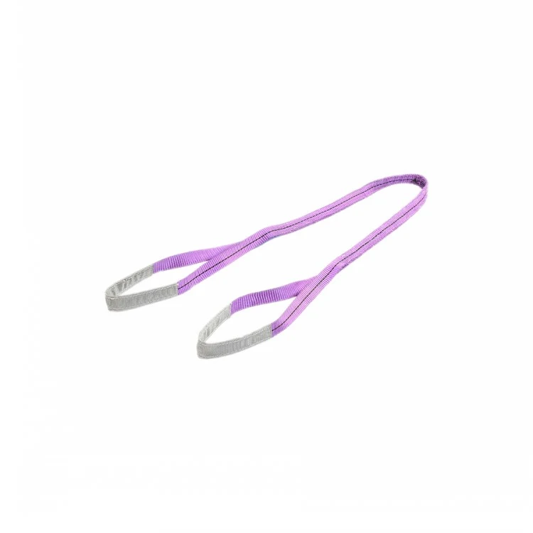 Purple webbing lifting sling with two reinforced eye loops on a white background