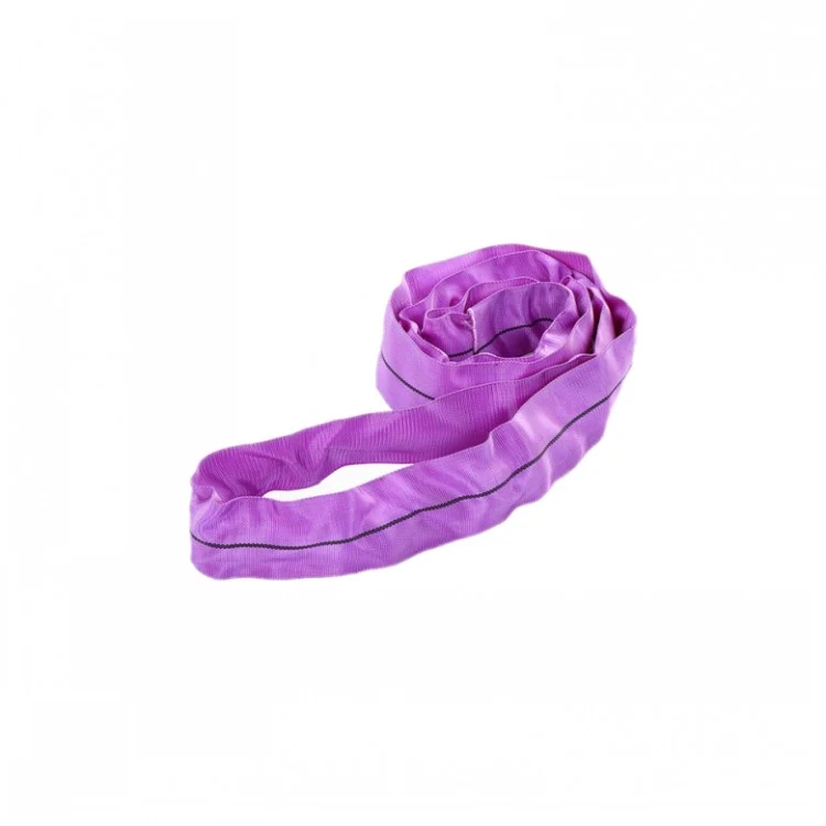Purple round lifting sling coiled on a plain white background